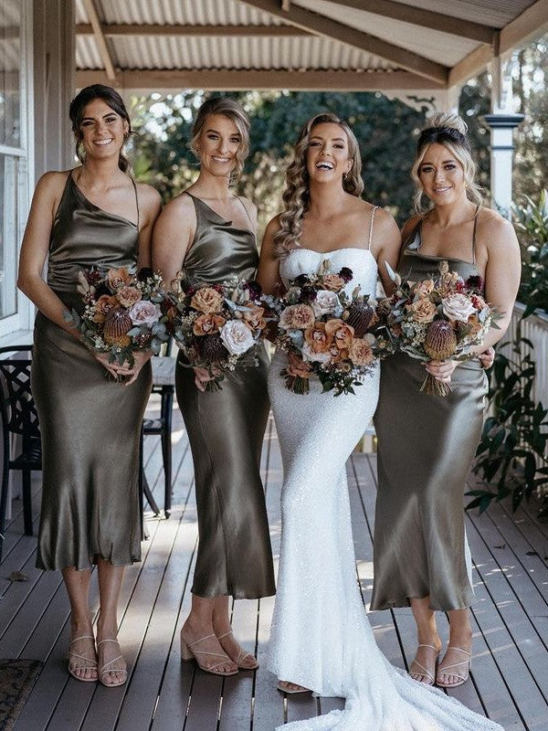 Wholesale Sheath/Column Silk like Satin Ruched Spaghetti Straps Sleeveless Tea-Length Bridesmaid Dresses